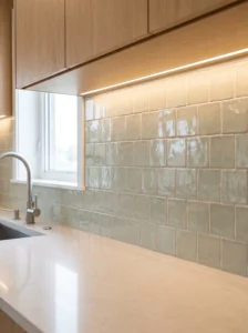 Pale-sage square mosaic tiles installed in staggered offset rows on a modern kitchen backsplash.