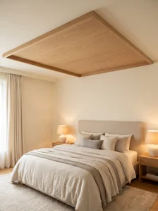 Natural oak ceiling panel positioned above a bed to create a defined canopy-like bedroom feature.
