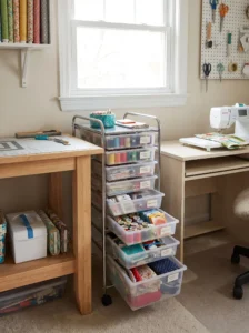Rolling storage cart with clear drawers for organized sewing supplies