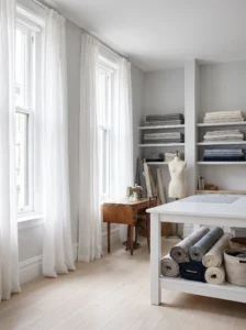 Sewing room with sheer curtains maximizing natural daylight for sewing work