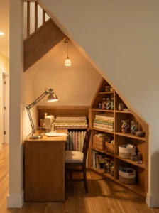 Under-the-stairs sewing nook with custom storage