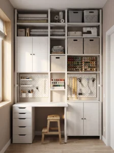 Floor-to-ceiling vertical storage wall with a compact sewing desk