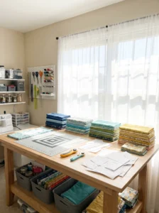 Sewing room with a cutting table positioned beside a large window for natural light