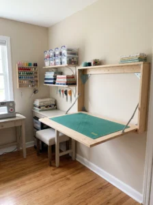 Fold-down wall-mounted cutting table in a compact spare bedroom sewing room