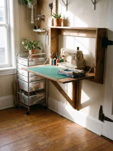 Fold-down wall-mounted workstation for a small sewing room