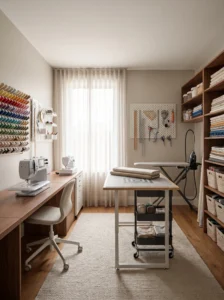 Spare bedroom converted into a bright and organized sewing room with fabric storage and sewing stations