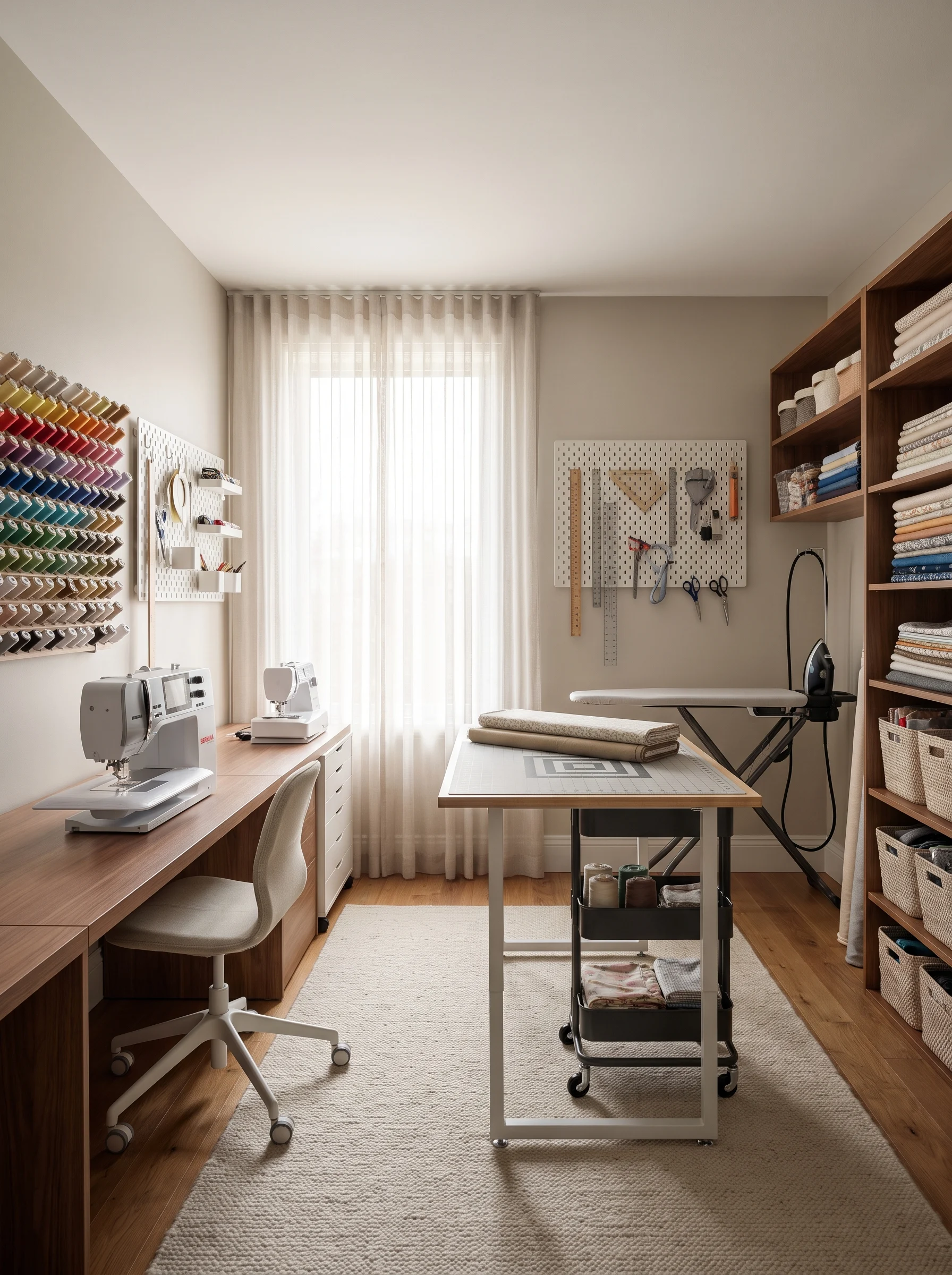 Spare bedroom converted into a bright and organized sewing room with fabric storage and sewing stations