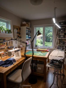 Sewing room with task lighting at the sewing, cutting, and ironing stations