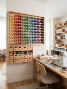 Color-coded thread storage wall with sewing spools arranged by color gradient