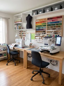 Dedicated machine embroidery station with embroidery thread and separate sewing workspace