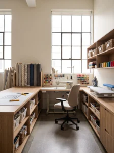 U-shaped sewing workstation with cutting table, sewing machine, and ironing station