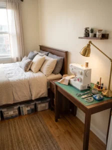 Bed-adjacent sewing station in a small bedroom