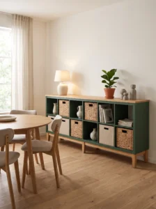IKEA KALLAX cube unit transformed into a forest-green sideboard with tapered wooden legs and a wood top.