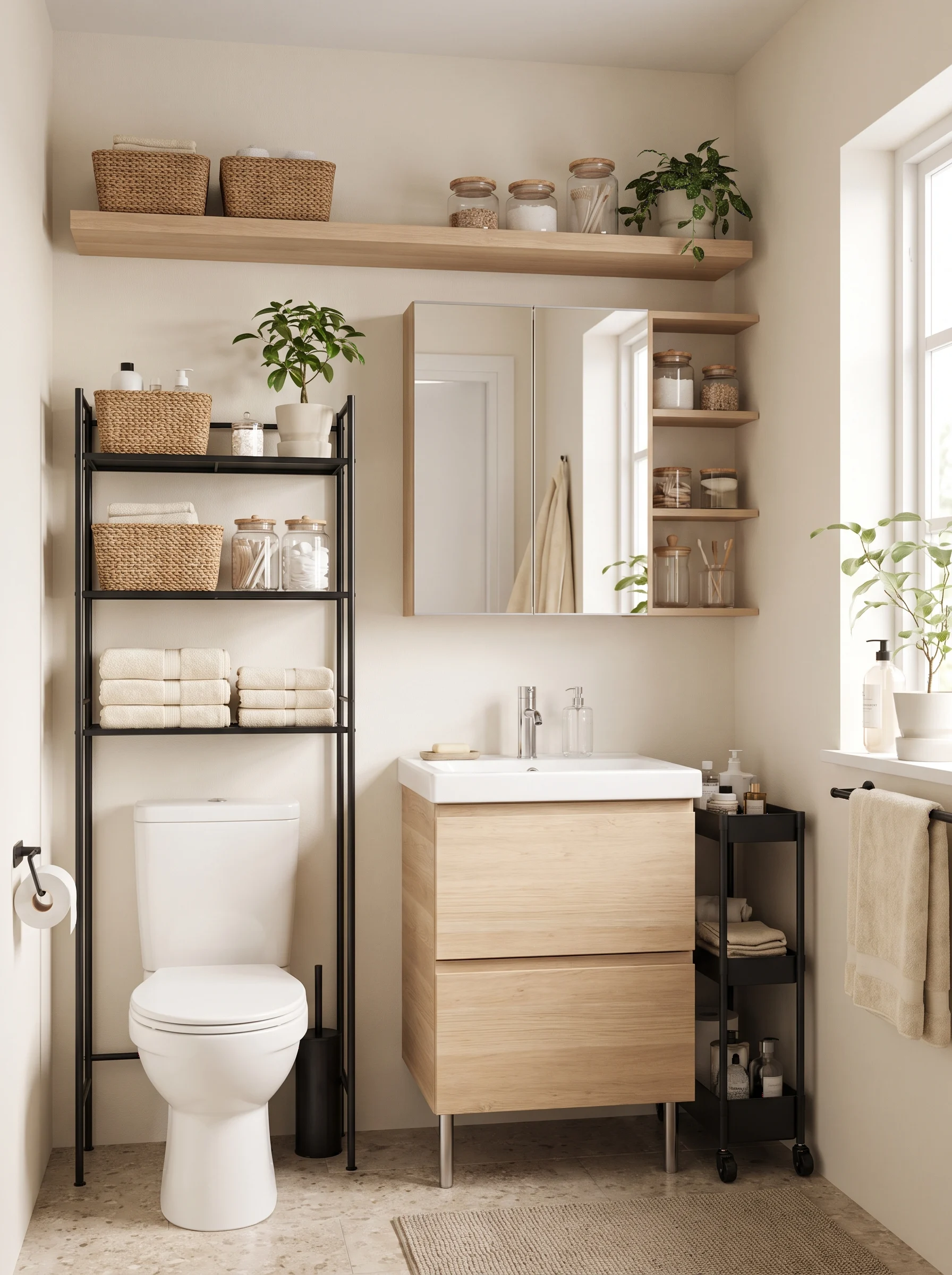Small bathroom storage ideas featuring over-the-toilet shelves, a mirrored cabinet, organized toiletries, and space-saving furniture.