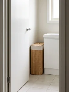 Slim woven bamboo laundry hamper with a lid tucked behind a bathroom door to keep dirty clothes off the floor.