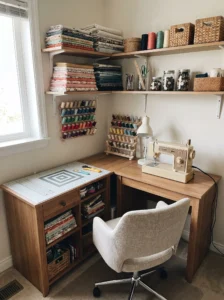 Compact L-shaped sewing station in a small room corner