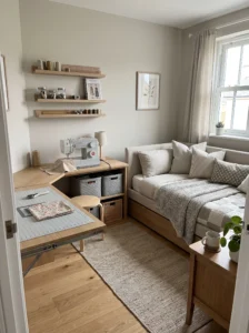 Compact sewing nook in a spare bedroom that also functions as a guest room
