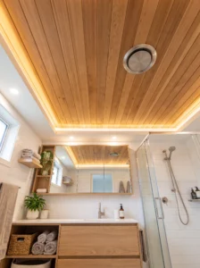 Sealed natural wood plank ceiling paired with white tile in a bright spa-inspired bathroom.