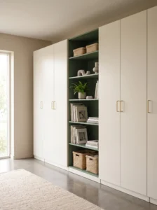 IKEA PAX wardrobe combining closed cabinet doors with open shelves styled with books, baskets, plants, and decorative accents.