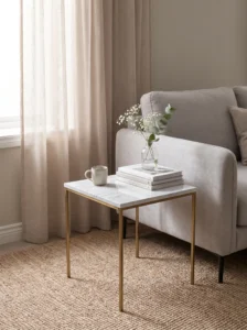 IKEA LACK side table makeover with a white marble-look top, subtle gray veining, and stylish legs.