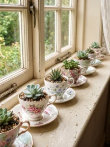 Vintage teacup succulent planters on a sunny windowsill