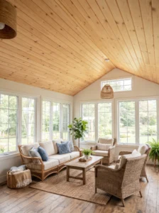 Classic tongue-and-groove pine ceiling in a cozy sunroom