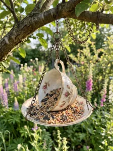 Hanging vintage teacup bird feeder for a garden