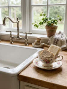 Vintage teacup used as a soap and sponge holder