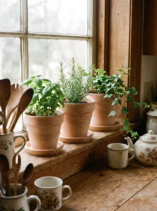 OSTRON terracotta pots with herbs arranged on a cottagecore kitchen windowsill