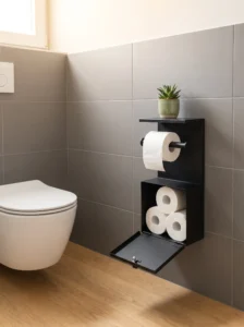 Wall-mounted matte-black toilet paper holder with a built-in compartment for spare rolls and a small top shelf.