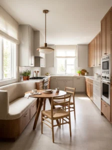 U-shaped kitchen with a compact breakfast nook, round table, upholstered banquette, and storage drawers beneath the seating.