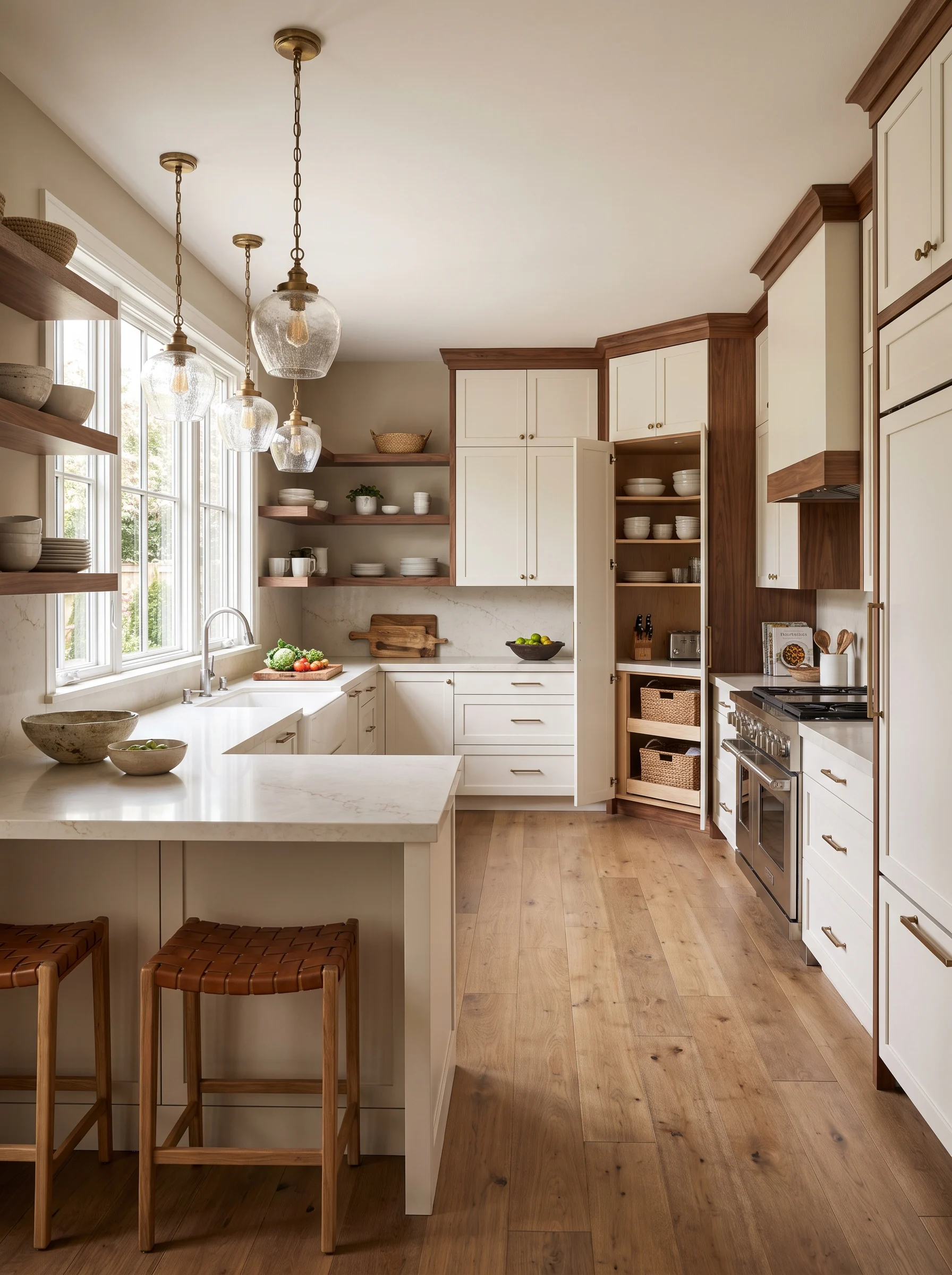 U-shaped kitchen design with spacious countertops, white cabinets, warm wood accents, and a bright window above the sink