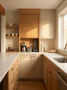 U-shaped kitchen with a built-in appliance garage and organized coffee station that keeps countertops clutter-free.
