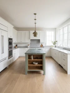 Large U-shaped kitchen with a sage-green central island, white perimeter cabinets, stone countertops, and spacious walkways.