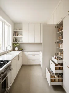 U-shaped kitchen with a floor-to-ceiling pantry cabinet, pull-out storage drawers, and clear countertops for meal preparation.