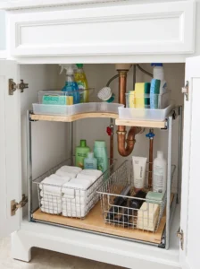 Under-sink bathroom pull-out organizers arranged around plumbing with cleaning supplies, spare toiletries, and storage trays.