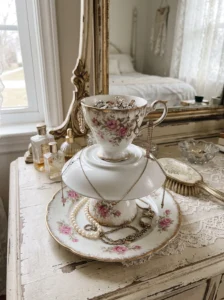 Stacked vintage teacup jewelry stand for dresser storage