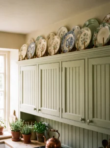 Vintage floral plates displayed above sage green kitchen cabinets