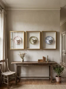 Framed vintage teacup wall art in shadow boxes