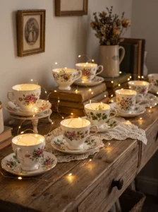 Vintage teacup string light display with warm LED glow