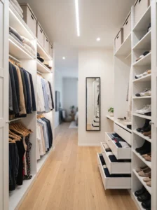 IKEA PAX walk-in closet created with facing wardrobes, a central aisle, drawers, hanging rails, and shoe storage.