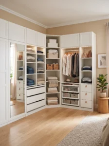 IKEA PAX corner wardrobe configuration with L-shaped storage, hanging sections, shelves, and drawers.