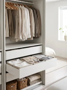 IKEA PAX internal drawers with neatly folded clothes and fabric dividers for efficient bedroom storage.