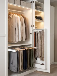IKEA PAX pull-out trouser hangers and accessory racks organizing trousers, belts, ties, and scarves.