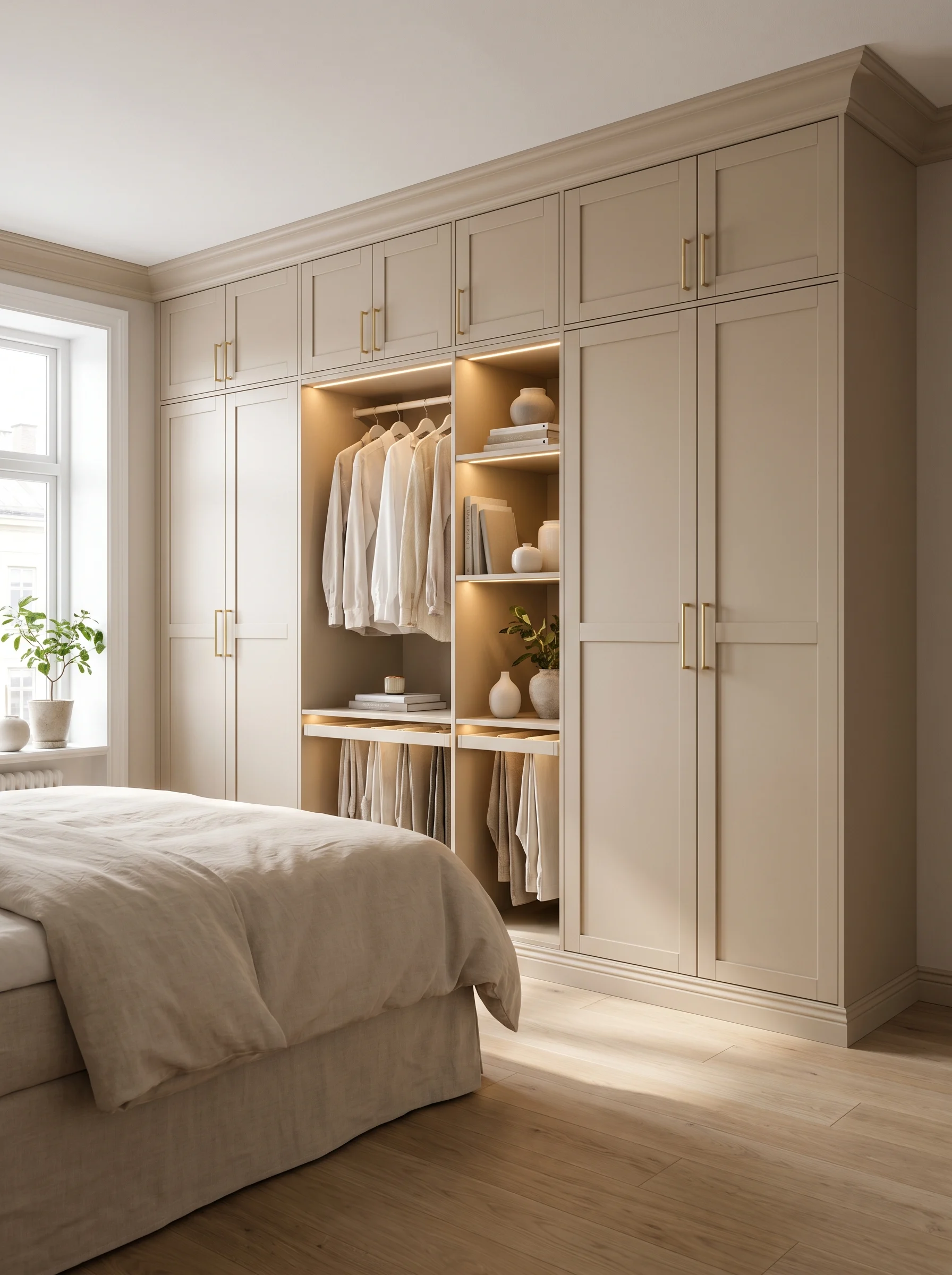 IKEA PAX wardrobe with crown molding, matching wall paint, elegant hardware, and seamless custom built-in cabinetry in a modern bedroom.