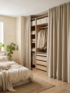 IKEA PAX wardrobe hidden behind full-length linen curtains for a soft, affordable, space-saving closet design.