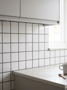 White square mosaic tiles arranged in a straight grid with contrasting charcoal grout on a kitchen backsplash.