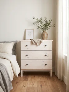 IKEA TARVA pine dresser makeover with a whitewashed wood finish, visible grain, and simple drawer knobs.