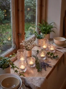 TRÄDSTAM tealight holders styled with greenery on a cottagecore windowsill