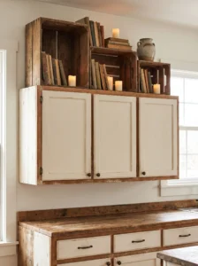 Stacked wooden crates used as rustic decor above kitchen cabinets